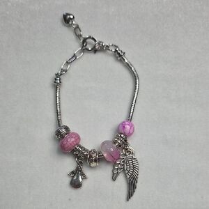 Ladies Silver Pink Beaded Charm Bracelet Angel Wings Silver Tone Charm Bracelet